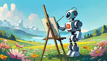 草原でイーゼルに向かい絵を描くロボット